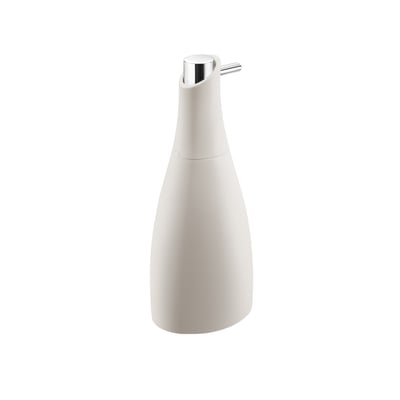 Stilfuld Cosmic Saku sæbedispenser i mat beige finish med en højde på 190 mm og 300 ml kapacitet, der præsenteres isoleret på en hvid baggrund.