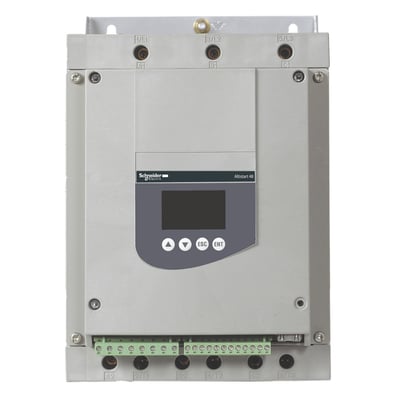 Schneider Electric Altistart 48 softstarter for 22KW, 400V motor, grå med display og kontrolknapper foran samt tilslutningsterminaler.