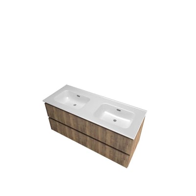 Sanibell Proline møbelsæt i terra eg med 2 vaske, 121x46 cm, med 2 grebsfrie softclose skuffer og lodrette lameller på fronten.