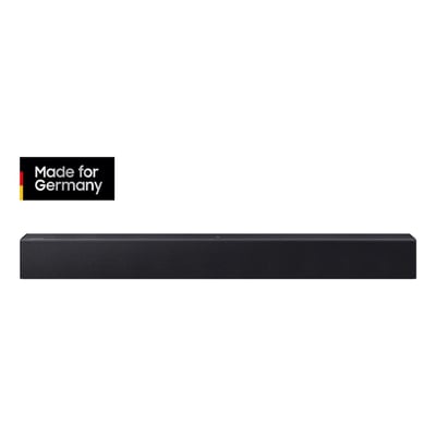 Sort Samsung B-Series HW-B410GF-soundbar med 2.0 kanaler, set forfra med et Made for Germany-logo øverst.