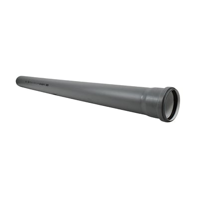 Gråt ht-pp (Amax Pro) afløbsrør med muffe, Ø40 x 2000 mm, liggende på hvid baggrund med let skygge.