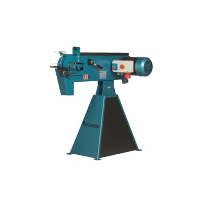 Blå Scantool båndslibemaskine med 3,6hk motor og 50x2000mm bånd, monteret på en trapezformet stander.