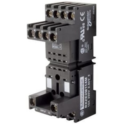 Schneider Electric RXZE2S114M sokkel til RXM4 relæ, med mærkat der viser produktinformation og certificeringer som CE og US.