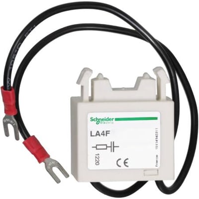 Schneider Electric TeSys F RC-LED dæmpemodul til LC1F, 127-240 VAC, med tilslutningskabler og gaffelterminaler.
