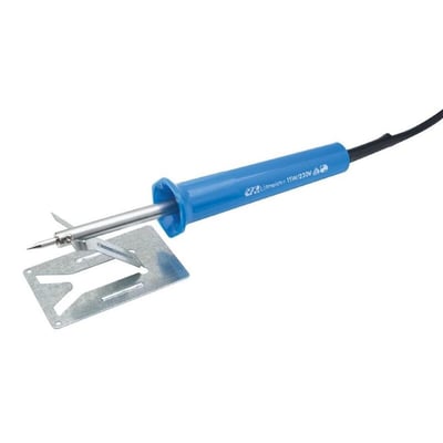Detaljeret billede af CFH loddekolbe 15W/230V, med tydelig mærkning og den medfølgende metalholder.