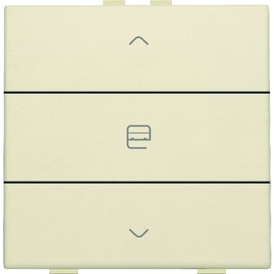 Niko motortryk i creme med op- og nedpile samt et stiliseret ikon for et lukket system.