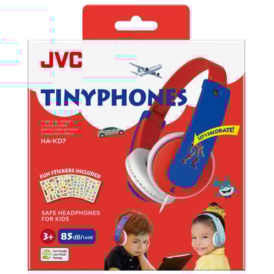 JVC TinyPhones HA-KD7 hovedtelefoner til børn i rød og blå, med sjove klistermærker inkluderet og 85dB lydbegrænser.