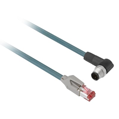 Schneider Electric PUR ethernet kabel med 10 meter længde, udstyret med M12 vinkelstik og RJ45 stik.