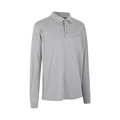 ID Identity grå melange poloshirt med lange ærmer, brystlomme og krave, vist på hvid baggrund.