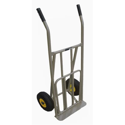 Ironside sækkevogn med gråt metalstel, sorte håndtag og hjul med gule fælge, set skråt forfra. Kapacitet 200 kg.