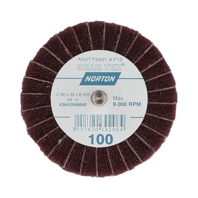 Norton Bear-Tex lamelslibevift på 60 x 30 x 6 mm set forfra med røde slibeflapper og mærkat.