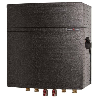 Termix VMTD-2 fjernvarmeunit i sort isolering, med synlig logo og tilslutninger i bunden.