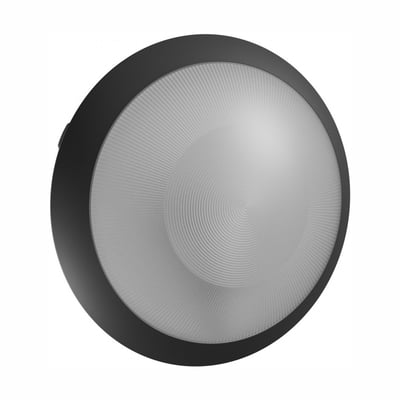 SpectrumLED E27 sløjfbar loftlampe, Ø30 cm, med sort rund kant og mønstret hvid skærm.