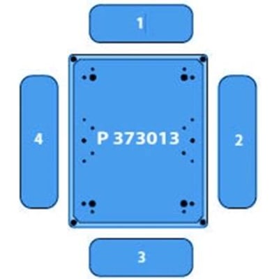 Teknisk tegning af Fibox kassebund i polyester, 370 × 300 × 130 mm, set ovenfra med siderne markeret 1–4.