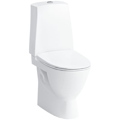 Hvidt Laufen Pro-N gulvstående toilet i ekstra høj model med helstøbt cisterne og S-lås, set skråt forfra.