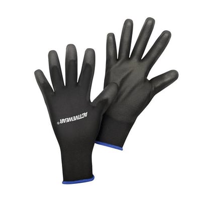 Sorte Activewear Superflex MO3426 montagehandsker i størrelse 8 med blå kanter, vist med logo- og håndfladeside.