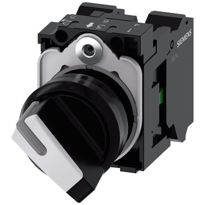 Siemens vælgerkontakt med lysbar, 22 mm, sort og hvid, kort model med 2 positioner (O-I), 1NO/1NC kontakt og fjederterminal.