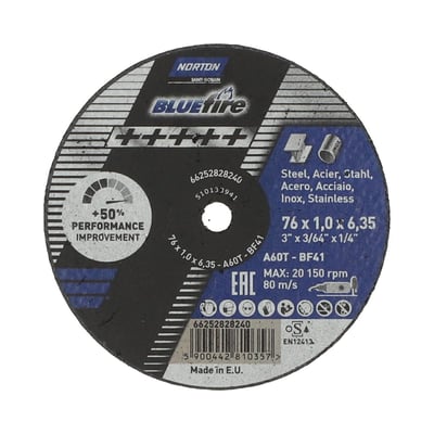 Norton Blue Fire skæreskive 76x1,0x6,35mm, egnet til stål og rustfrit stål med +50% performance improvement.
