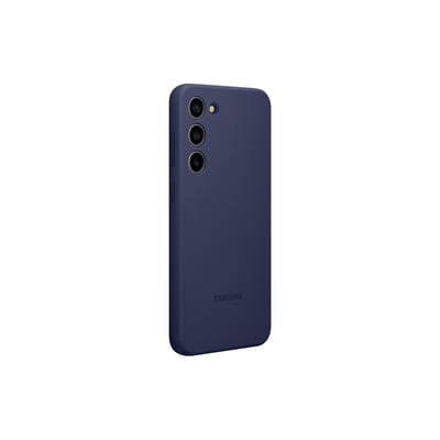 Samsung silikonecover til Galaxy S23+ i navy, vist bagfra med åbninger til kameraerne og knapper på siden.
