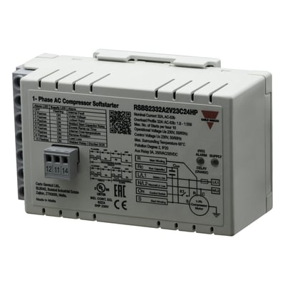 Carlo Gavazzi softstarter til enfasekompressor, model RSBS2332A2V23C24HP, set skråt forfra med gråt hus og tilslutningsdiagram.
