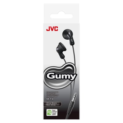 JVC HA-F14 Gumy in-ear headphones i sort, vist i deres emballage med "Gumy" logo og 3,5 mm jackstik.