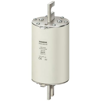 Siemens SITOR sikring 3NE5, 600A, 1500V a.C. med tydelige mærker og metalterminaler. Viser den cylindriske kerne og kontaktflader.