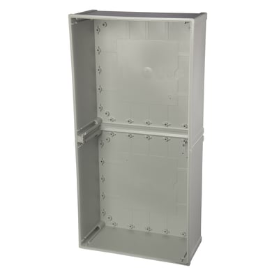 Fibox EKI63-0 kassebund i grå plast med målene 600x300x130 mm, viser indvendige monteringspunkter og sølvfarvet topkant.