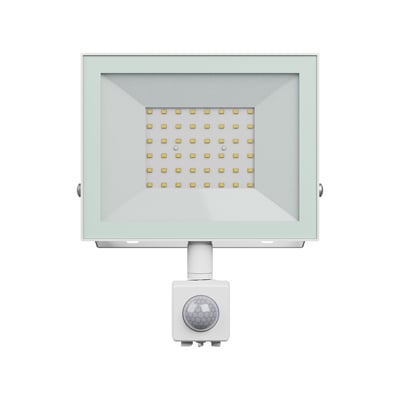 SpectrumLED Noctis Lux 4 projektør med PIR sensor, 50W, 4000K, hvid, frontvisning med synlige LED dioder og justerbar sensor.