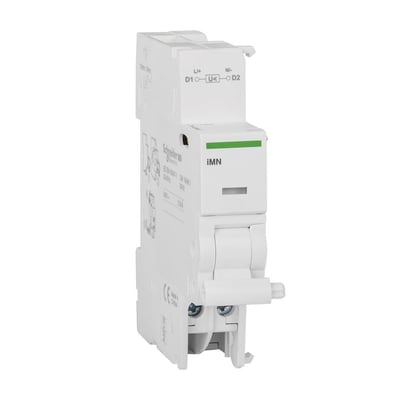 Set fra siden: Schneider Electric Acti9 underspændingsspole iMN med tydelige mærker for L/+, D1, U, N/- og D2.