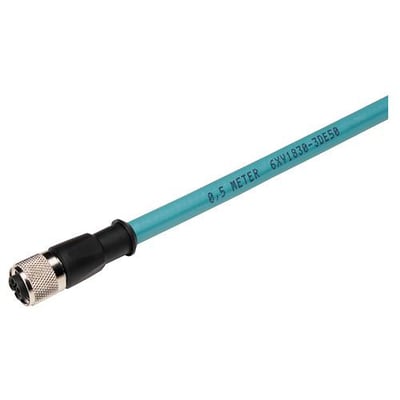 Siemens PROFIBUS M12 kabel med 2 M12 konnektorer, 1.5 meter, vist på hvid baggrund.