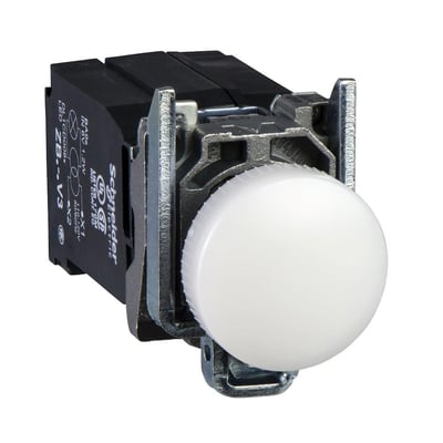 Schneider Electric signallampe XB4, hvid, 440VAC, LED trafo, vist forfra med fokus på den runde, hvide knap.