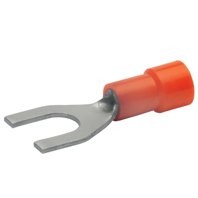 Klauke isoleret pladekabelsko M5 med gaffelform og orange isolering, til 0,5-1 mm² ledere.