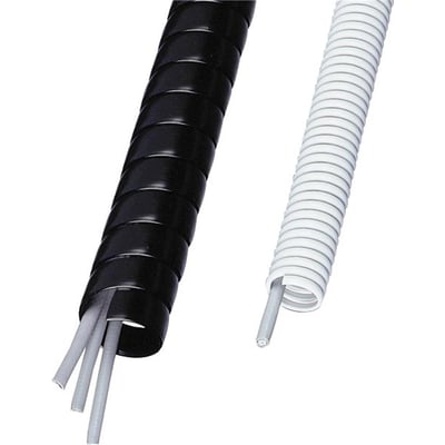 Sammenligning af HellermannTyton spiralslange SPS 35 PH i perlehvid sammen med en sort model, begge med kabler indeni.