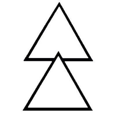 Enkel sort tegning af to overlappende trekanter, der danner et stiliseret symbol på hvid baggrund, typisk brugt som markering.