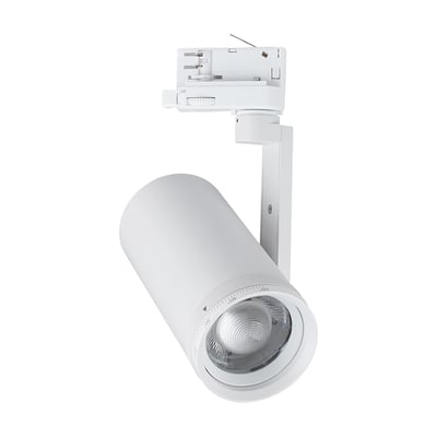 Hvid V-TAC 30 W 3-faset CCT-skinnespot med cylindrisk lampehoved, linse og skinneadapter.
