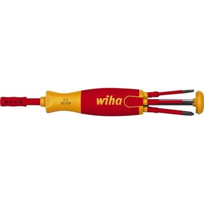 Wiha slimVario LiftUp VDE-skruetrækker med rødt og gult håndtag og magasin med 6 slimBits.