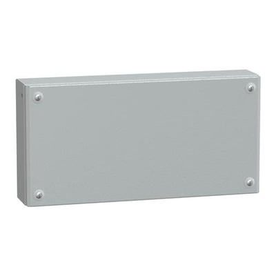 Schneider Electric-klemkasse i metal, 200 x 400 x 80 mm, set skråt forfra med gråt låg og fire skruer.