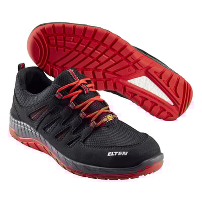 Elten Maddox Black-Red Low S3 SRC sikkerhedssko i str. 43, med sort tekstil og røde snørebånd samt en rød ydersål.