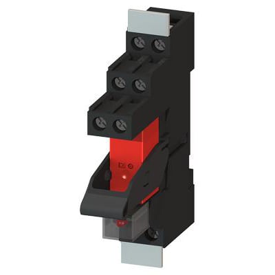 Siemens plug-in relæ komplet enhed med 24 V DC grønt LED modul og skrueterminaler, monteret på sort base med sikker isolation.
