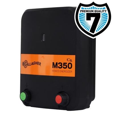Gallagher M350 spændingsgiver til elhegn, 230V, med "Premium Quality 7" logo og orange bånd med produktnavn.