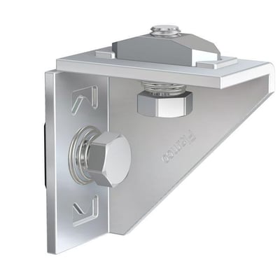 Flamco vinkelbeslag RH 90° 71801 i metal, designet til skinne R0-R8 med synlig bolt og møtrik.