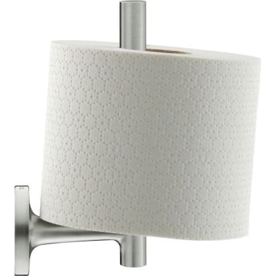 Duravit Starck T reserve papirholder i børstet stål med en toiletpapirrulle monteret på den lodrette holder.