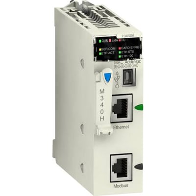 Schneider Electric M340 CPU med 4096KB hukommelse, viser Ethernet og Modbus porte samt statusindikatorer.