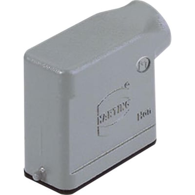 Nærbillede af Harting HAN A stikhus, viser vinklet metal design og M20 forskruning i støvgrå finish.