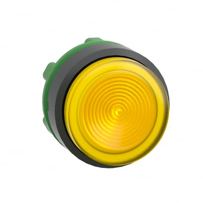 Schneider Electric ZB5AW183S lampetrykhoved, gult LED lys med riflet linse og grøn bagmontering.