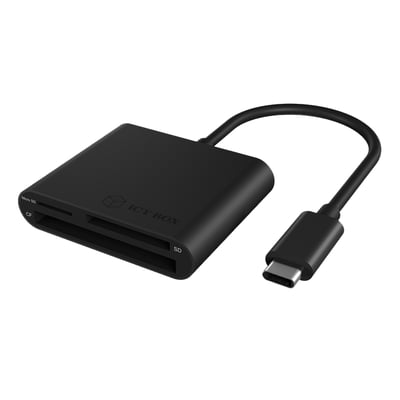 Sort ICY BOX IB-CR301-C3 multikortlæser med Type-C-tilslutning og USB 3.0, set skråt forfra med kortpladser.