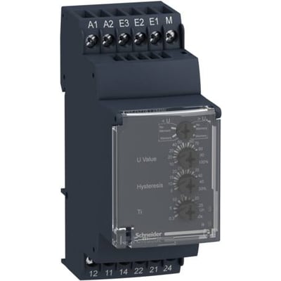 Schneider Electric Harmony RM35UA13MW spændingsrelæ med justeringsknapper til U-værdi, hysterese og tidsforsinkelse på mørkeblå baggrund.