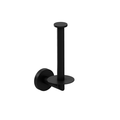 Enkel studio-præsentation af en mat sort Cosmic reservetoiletpapirholder, isoleret på en hvid baggrund.