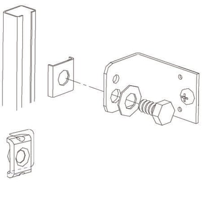 Illustration af Eatons 8 meter PE-skinnesæt, der viser C17x13 skinnen og tilhørende monteringsbeslag med bolt og fjeder.