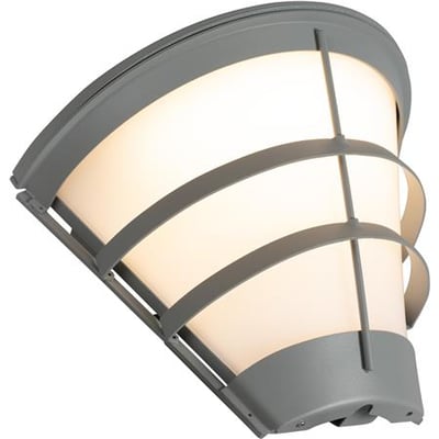 Hide-a-lite Pave Deco II vægarmatur i grå med opal skærm og buede beskyttelsesbøjler, vist skråt forfra.